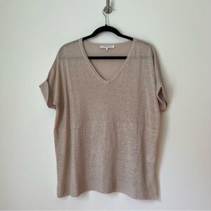 Gerard Darel Loose Linen Oversized Beige V-neck Top Rolled Short Sleeve, S